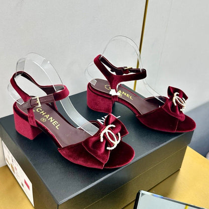 BOWKNOT RHINESTONES MID HEEL SANDAL IN GARNET RED VELVET