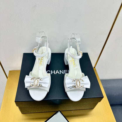 BOWKNOT RHINESTONES MID HEEL SANDAL IN WHITE LAMBSKIN