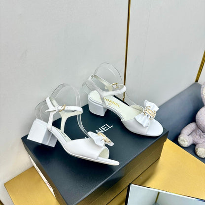 BOWKNOT RHINESTONES MID HEEL SANDAL IN WHITE LAMBSKIN