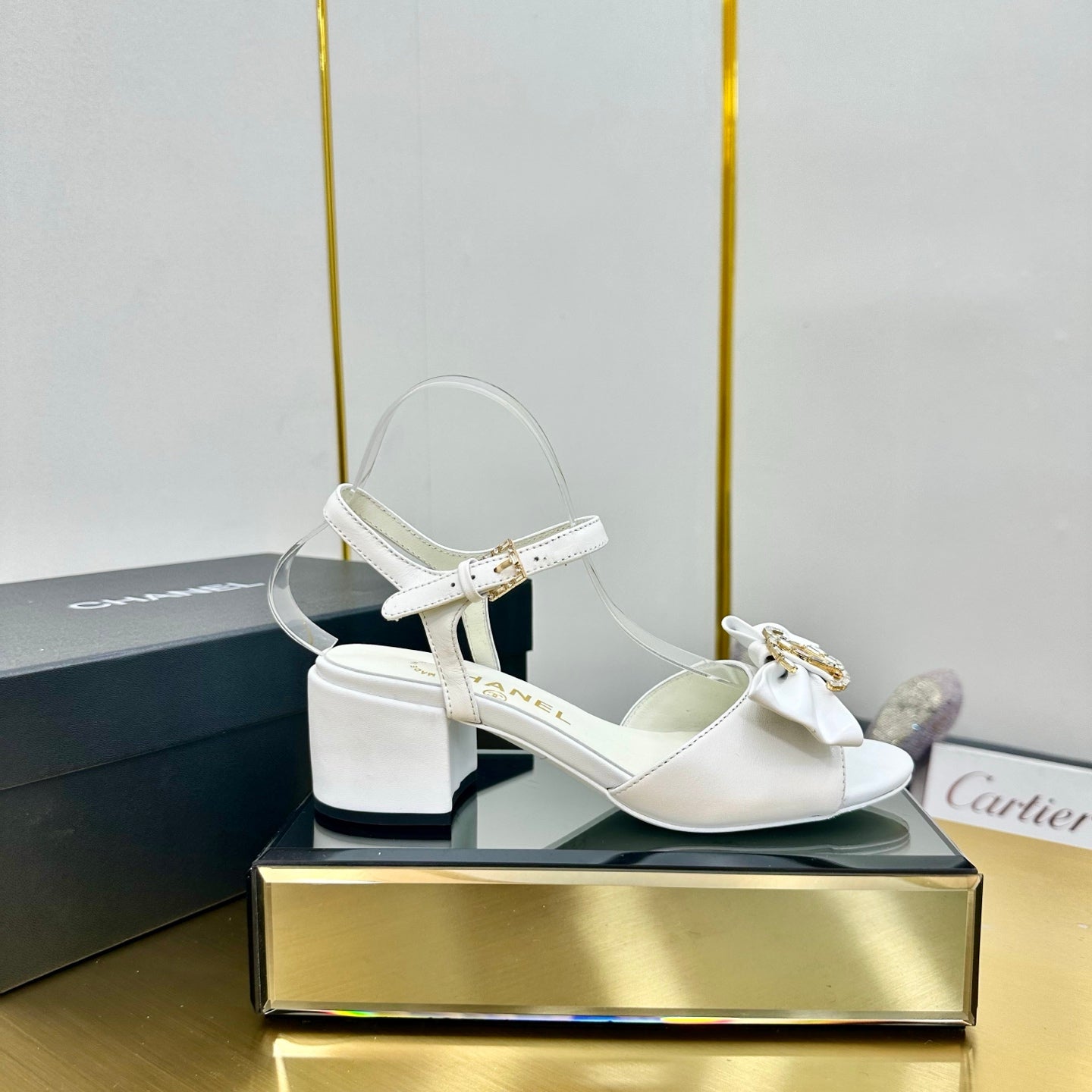 BOWKNOT RHINESTONES MID HEEL SANDAL IN WHITE LAMBSKIN