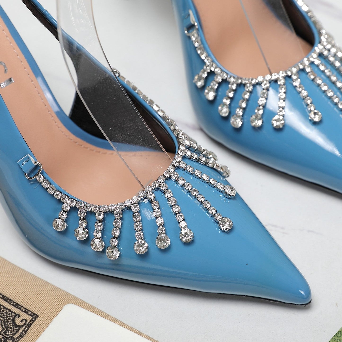 GG CRYSTAL HIGH HEEL SANDAL CERULEAN LAMBSKIN
