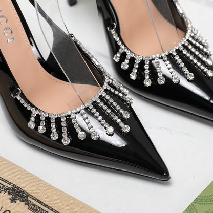 GG CRYSTAL HIGH HEEL SANDAL BLACK LAMBSKIN