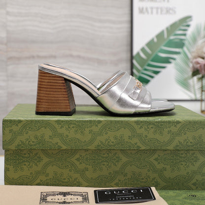 GG High Heels Half Slippers Silver