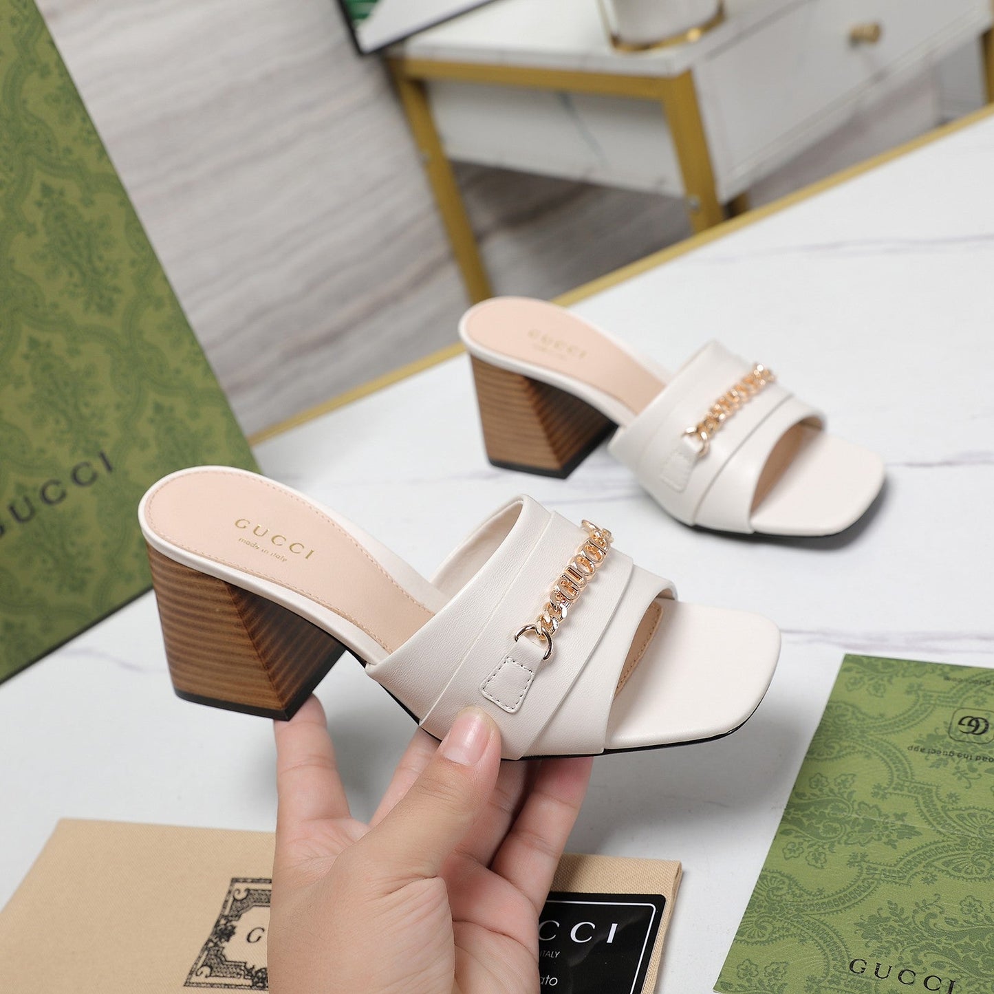 GG High Heels Half Slippers White