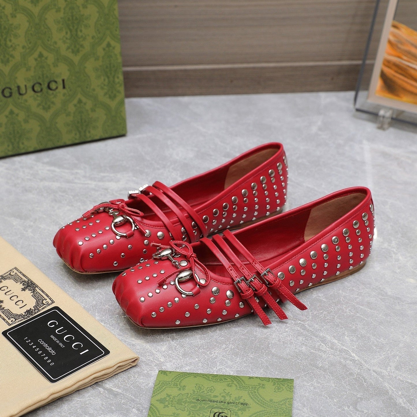 GG HORSEBIT BALLET FLAT RED HORIZONTAL STRAPS LAMBSKIN