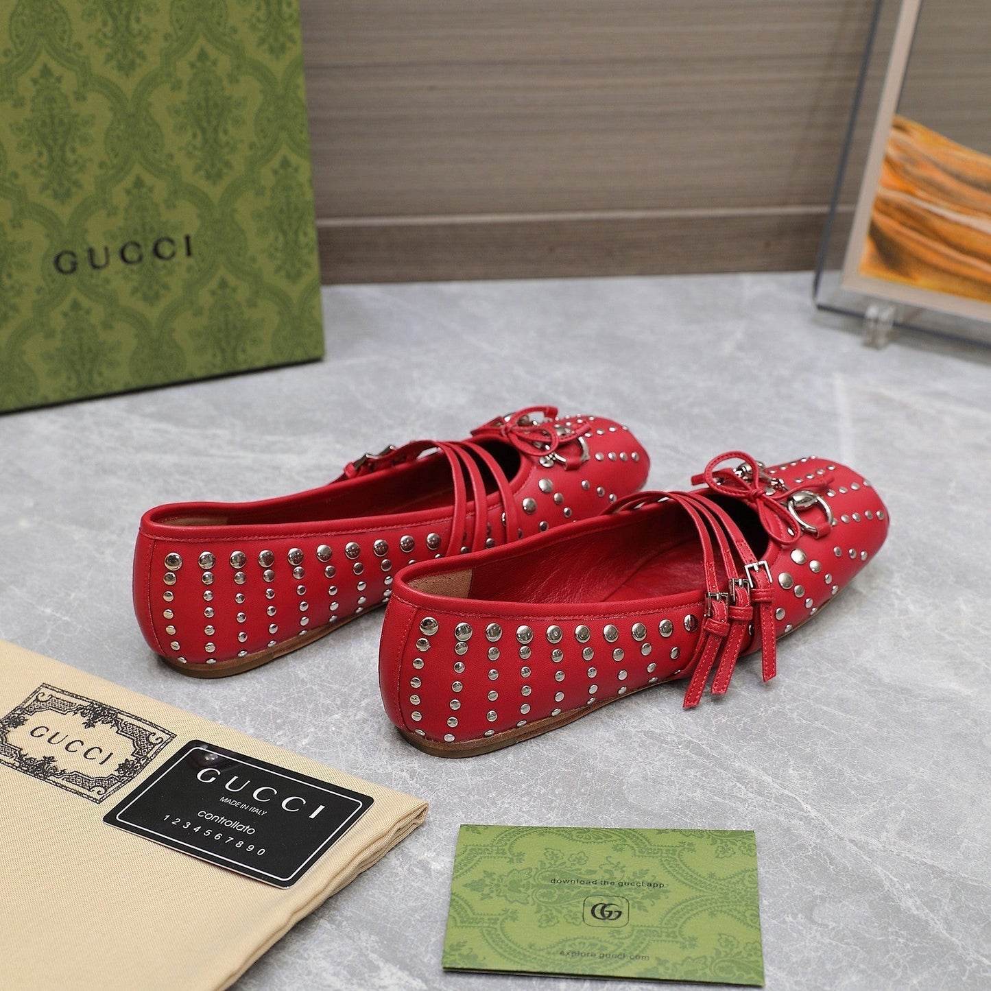 GG HORSEBIT BALLET FLAT RED HORIZONTAL STRAPS LAMBSKIN