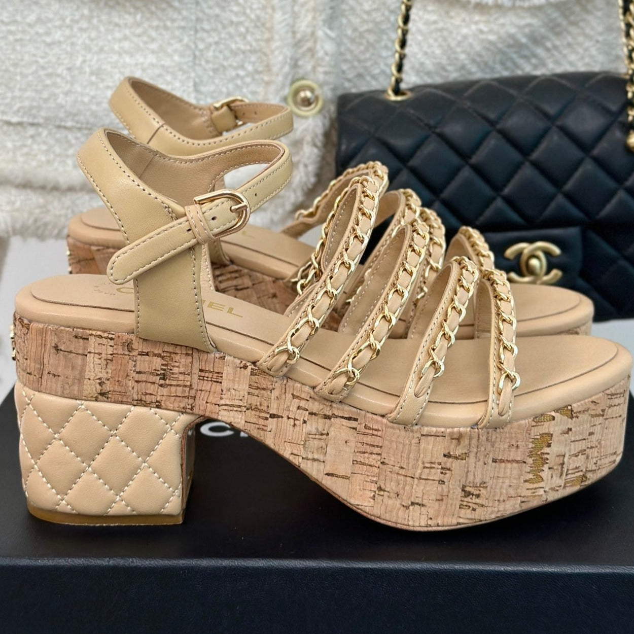 Double C Wooden Chain Platform Block Heel Sandals Beige Cream