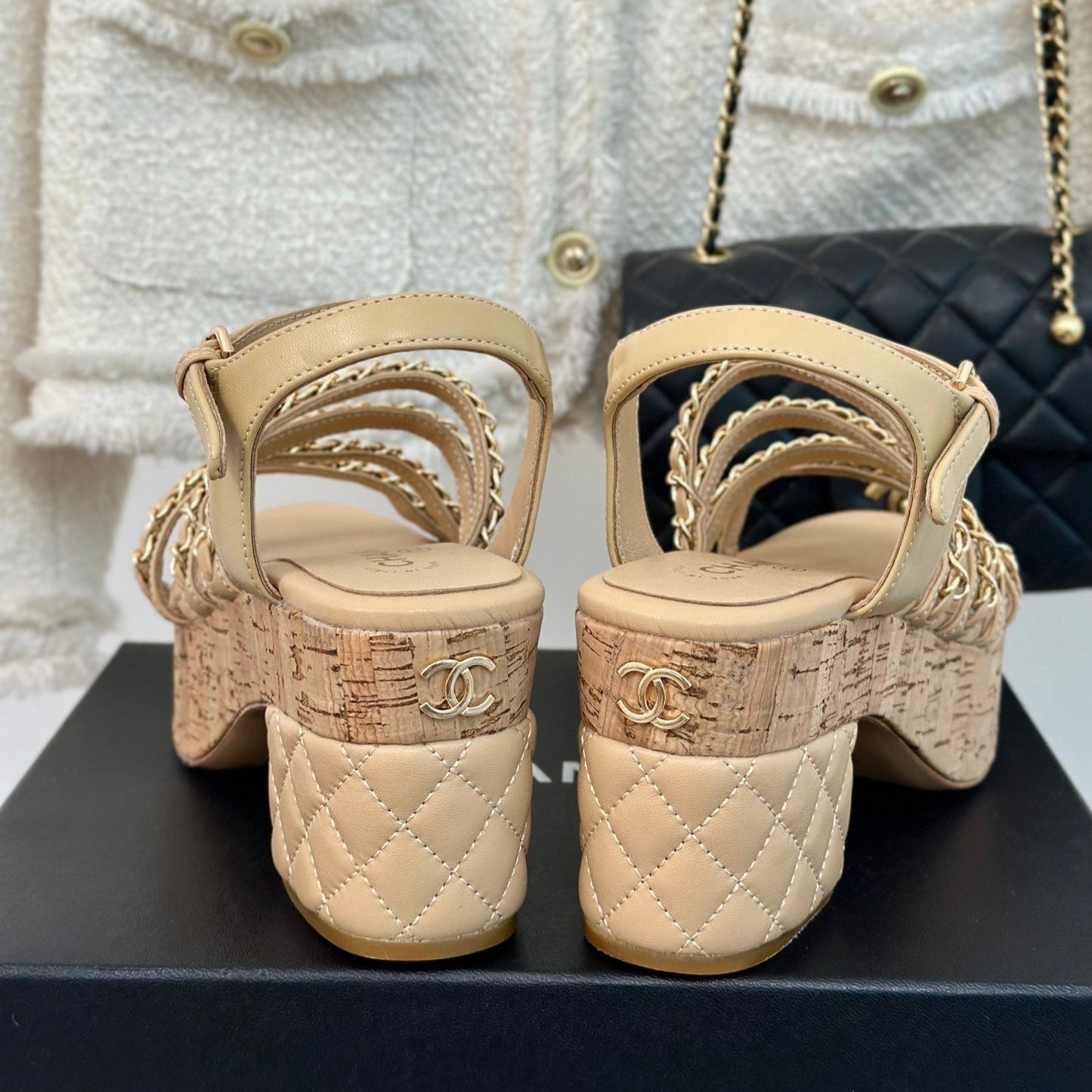 Double C Wooden Chain Platform Block Heel Sandals Beige Cream
