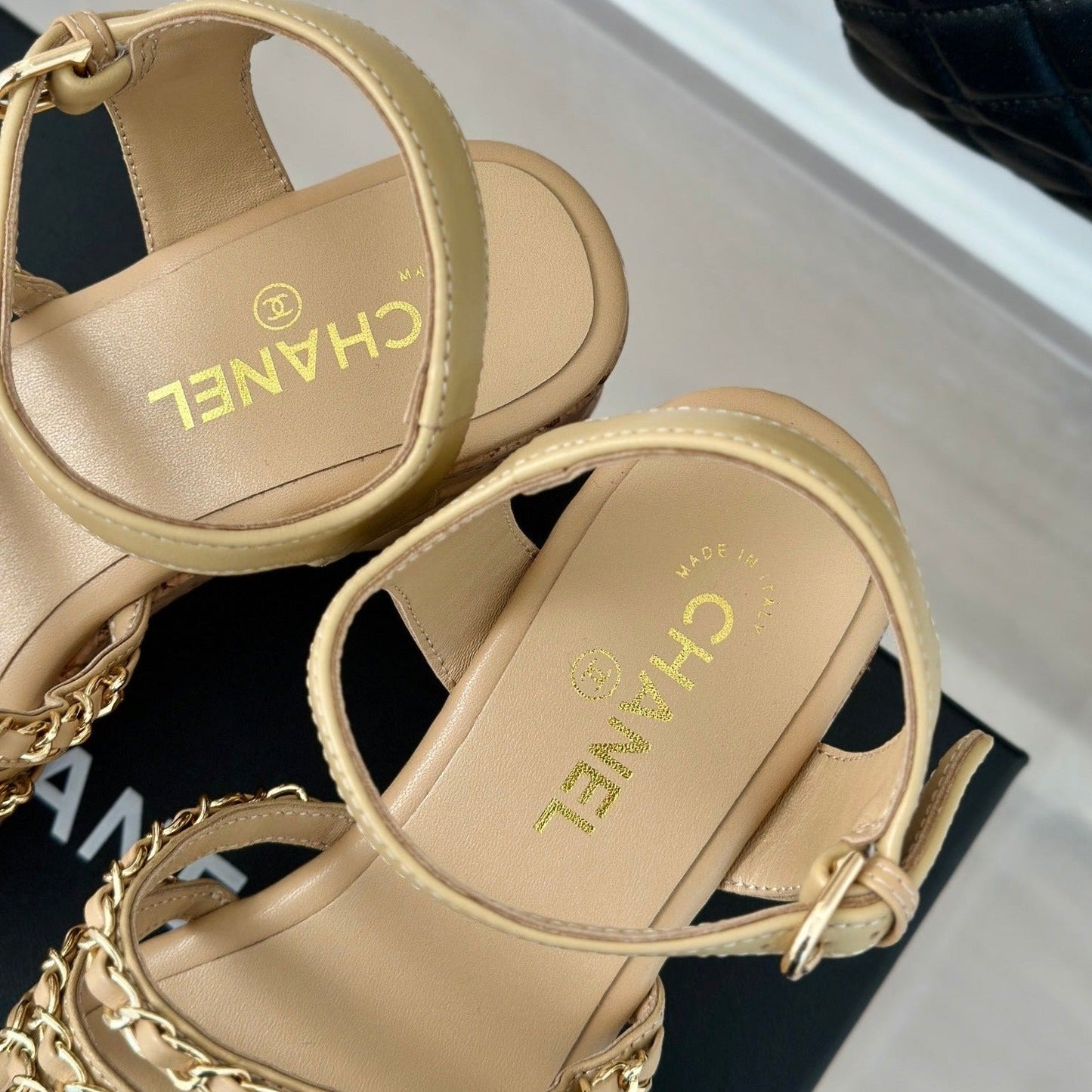 Double C Wooden Chain Platform Block Heel Sandals Beige Cream