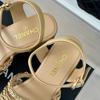 Double C Wooden Chain Platform Block Heel Sandals Beige Cream