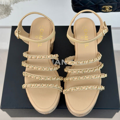 Double C Wooden Chain Platform Block Heel Sandals Beige Cream