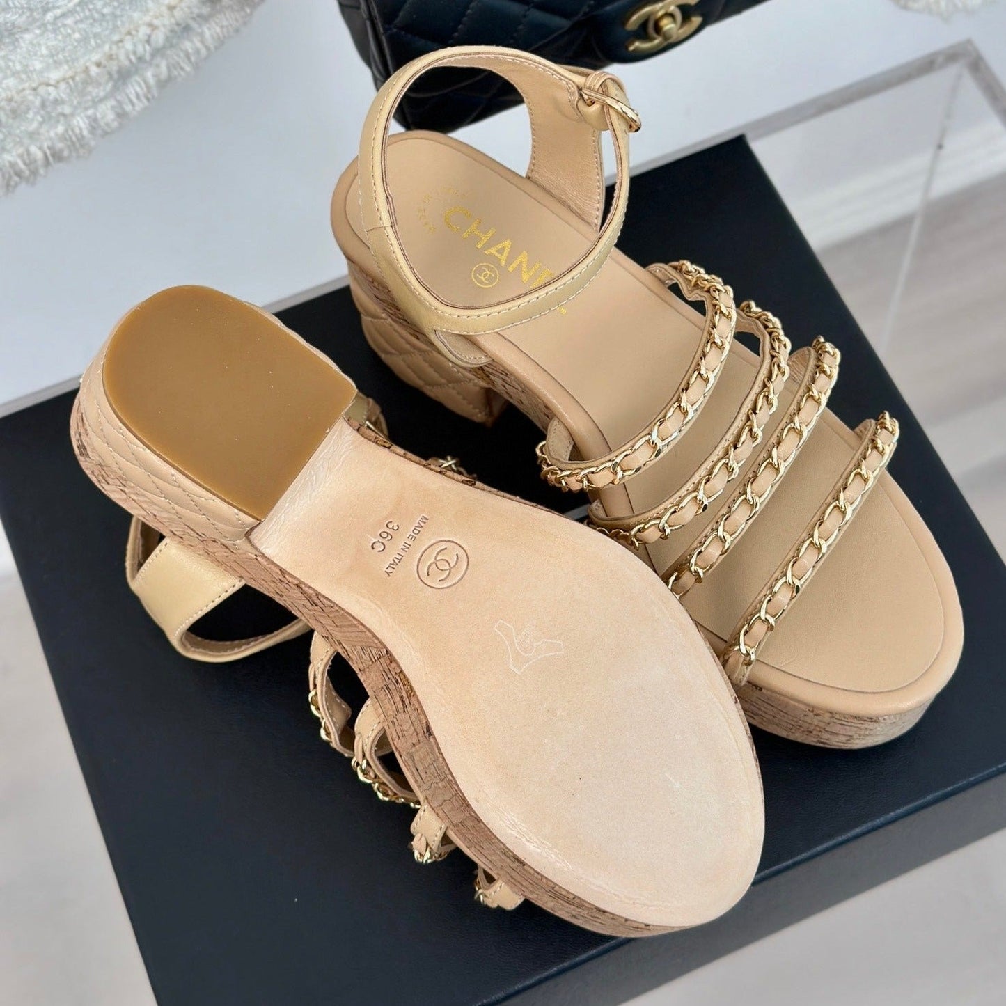 Double C Wooden Chain Platform Block Heel Sandals Beige Cream