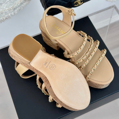Double C Wooden Chain Platform Block Heel Sandals Beige Cream
