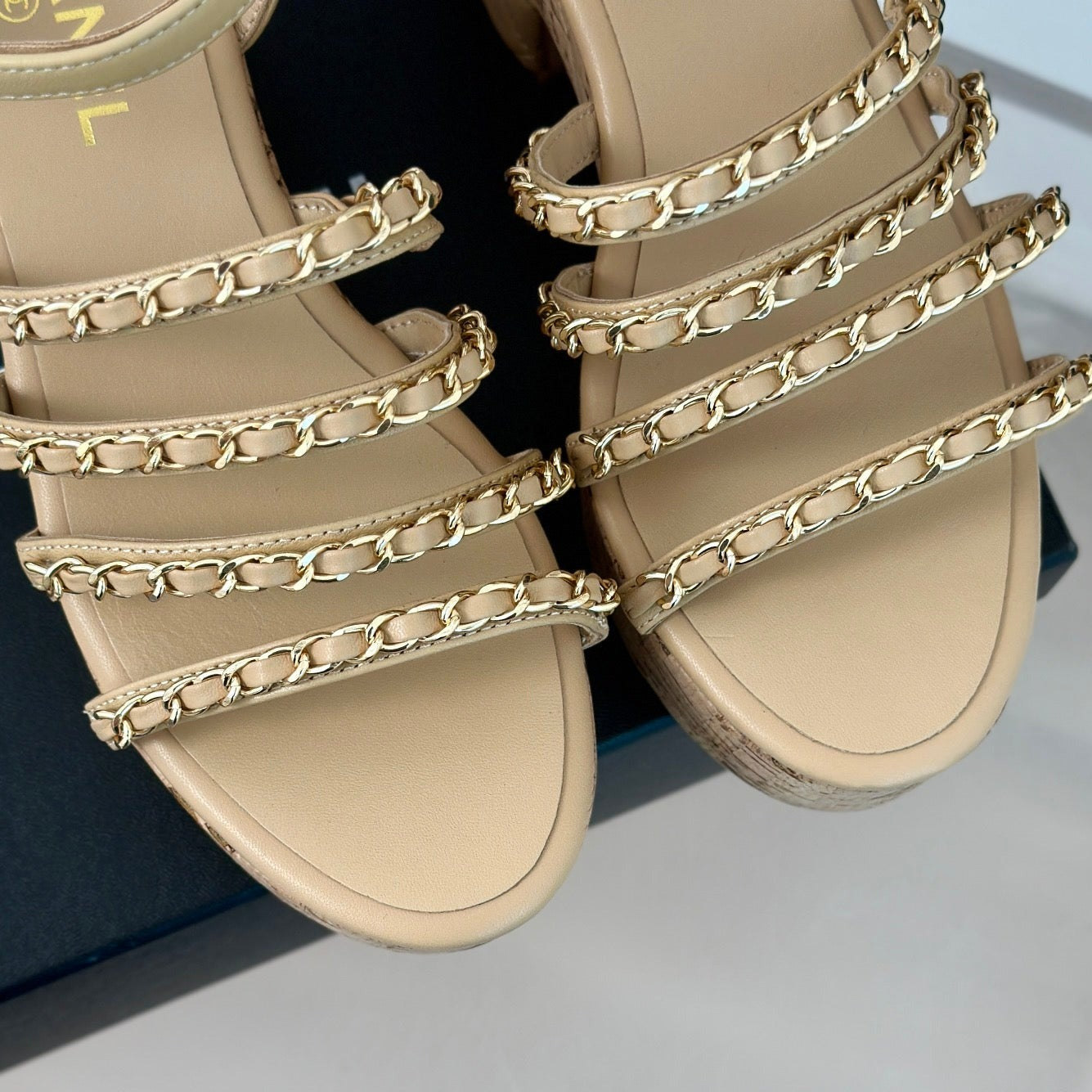 Double C Wooden Chain Platform Block Heel Sandals Beige Cream