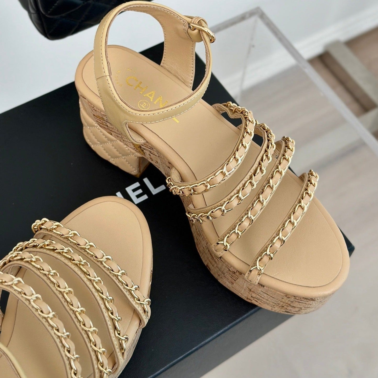 Double C Wooden Chain Platform Block Heel Sandals Beige Cream