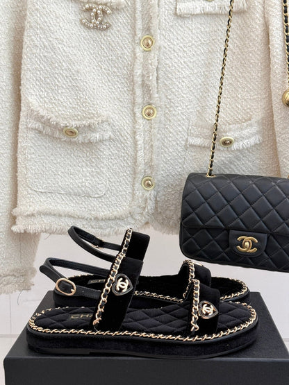 FLAT CHAIN HEART SANDAL IN BLACK VELVET