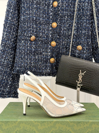 GG HIGH SLINGBACK 8.5 CM IN WHITE CLASSIC POINTED-TOE MESH WITH RHINESTONE EMBELLISHMENTS