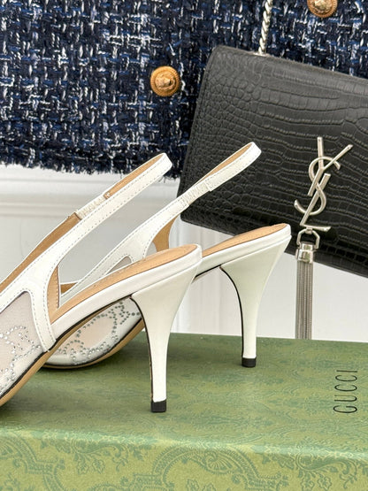 GG HIGH SLINGBACK 8.5 CM IN WHITE CLASSIC POINTED-TOE MESH WITH RHINESTONE EMBELLISHMENTS