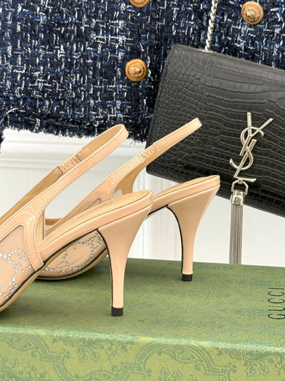 GG HIGH SLINGBACK 8.5 CM IN BEIGE CLASSIC POINTED-TOE MESH WITH RHINESTONE EMBELLISHMENTS
