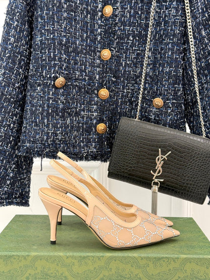 GG HIGH SLINGBACK 8.5 CM IN BEIGE CLASSIC POINTED-TOE MESH WITH RHINESTONE EMBELLISHMENTS