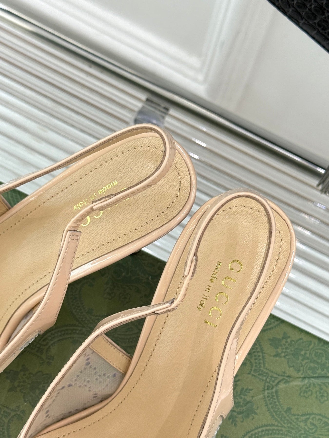 GG HIGH SLINGBACK 8.5 CM IN BEIGE CLASSIC POINTED-TOE MESH WITH RHINESTONE EMBELLISHMENTS