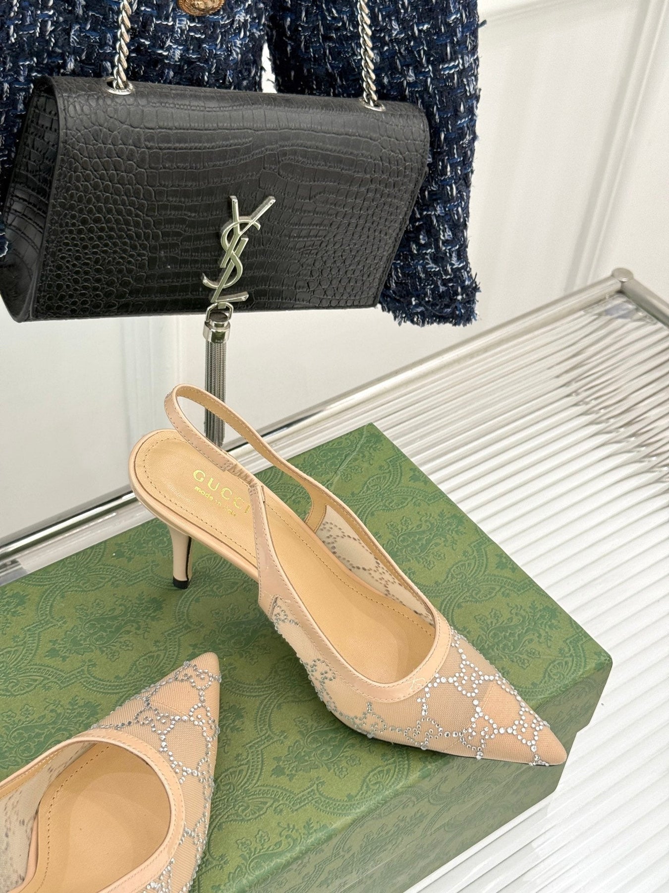 GG HIGH SLINGBACK 8.5 CM IN BEIGE CLASSIC POINTED-TOE MESH WITH RHINESTONE EMBELLISHMENTS