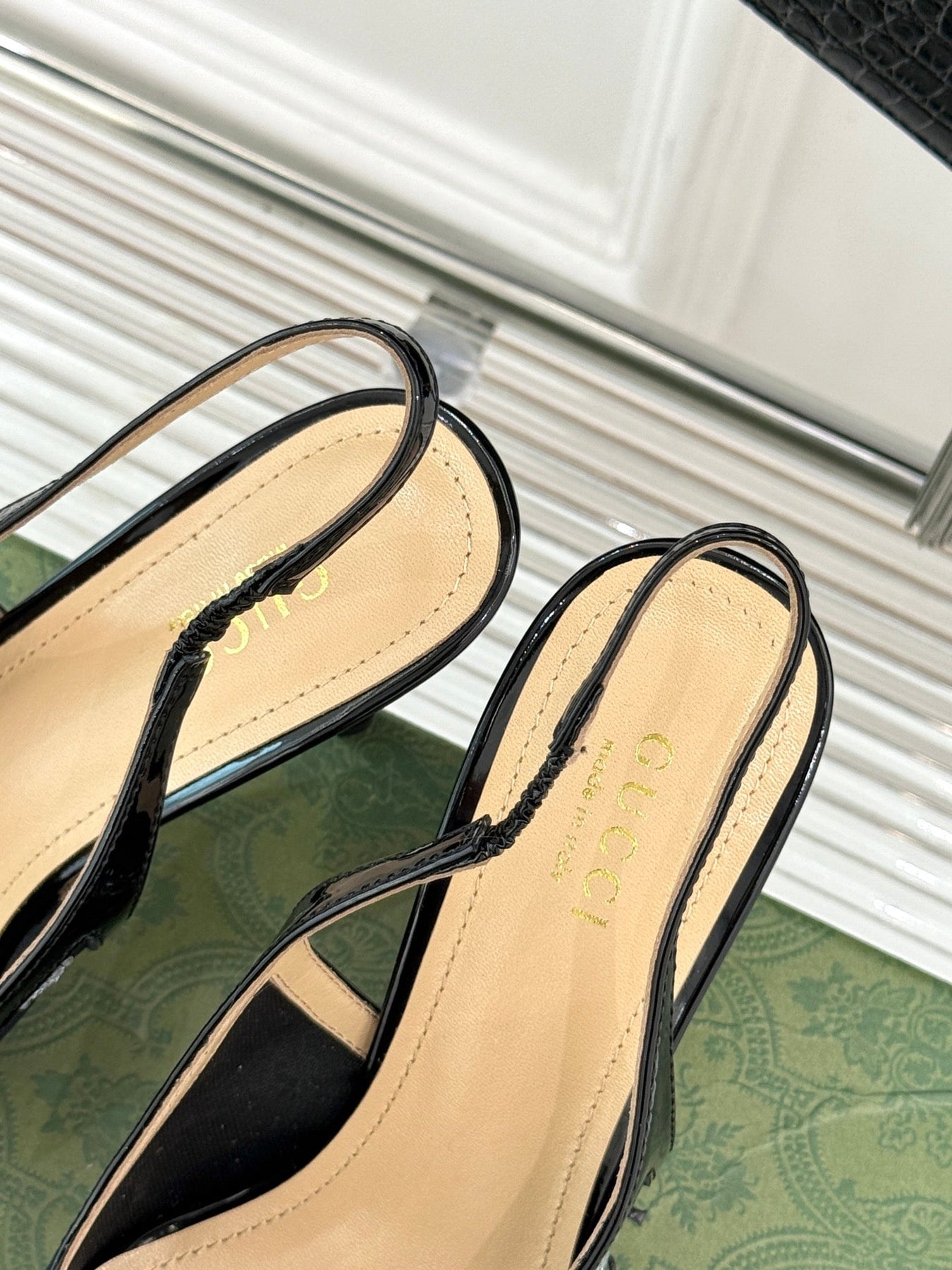 GG HIGH SLINGBACK 8.5 CM IN BLACK CLASSIC POINTED-TOE MESH WITH RHINESTONE EMBELLISHMENTS