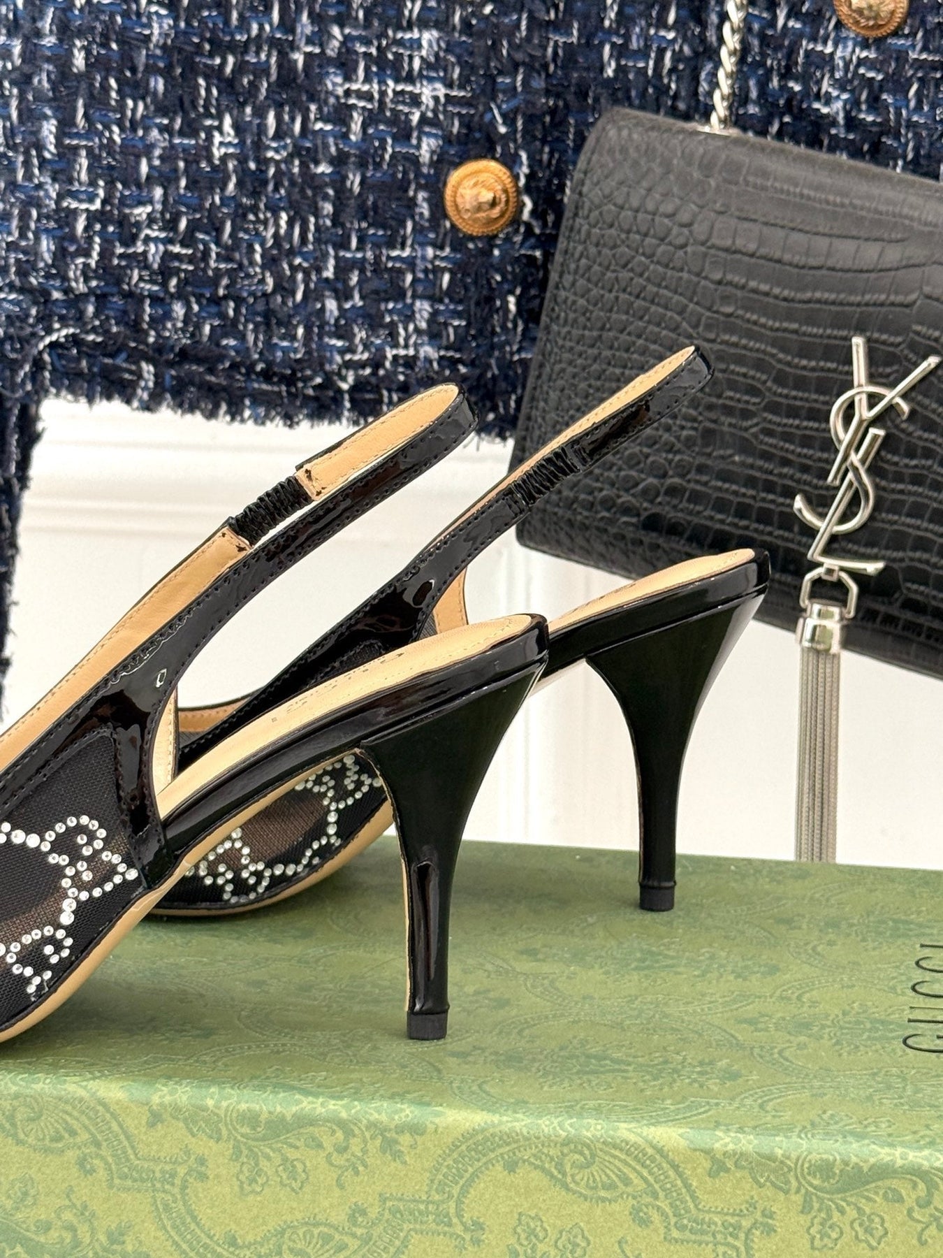 GG HIGH SLINGBACK 8.5 CM IN BLACK CLASSIC POINTED-TOE MESH WITH RHINESTONE EMBELLISHMENTS