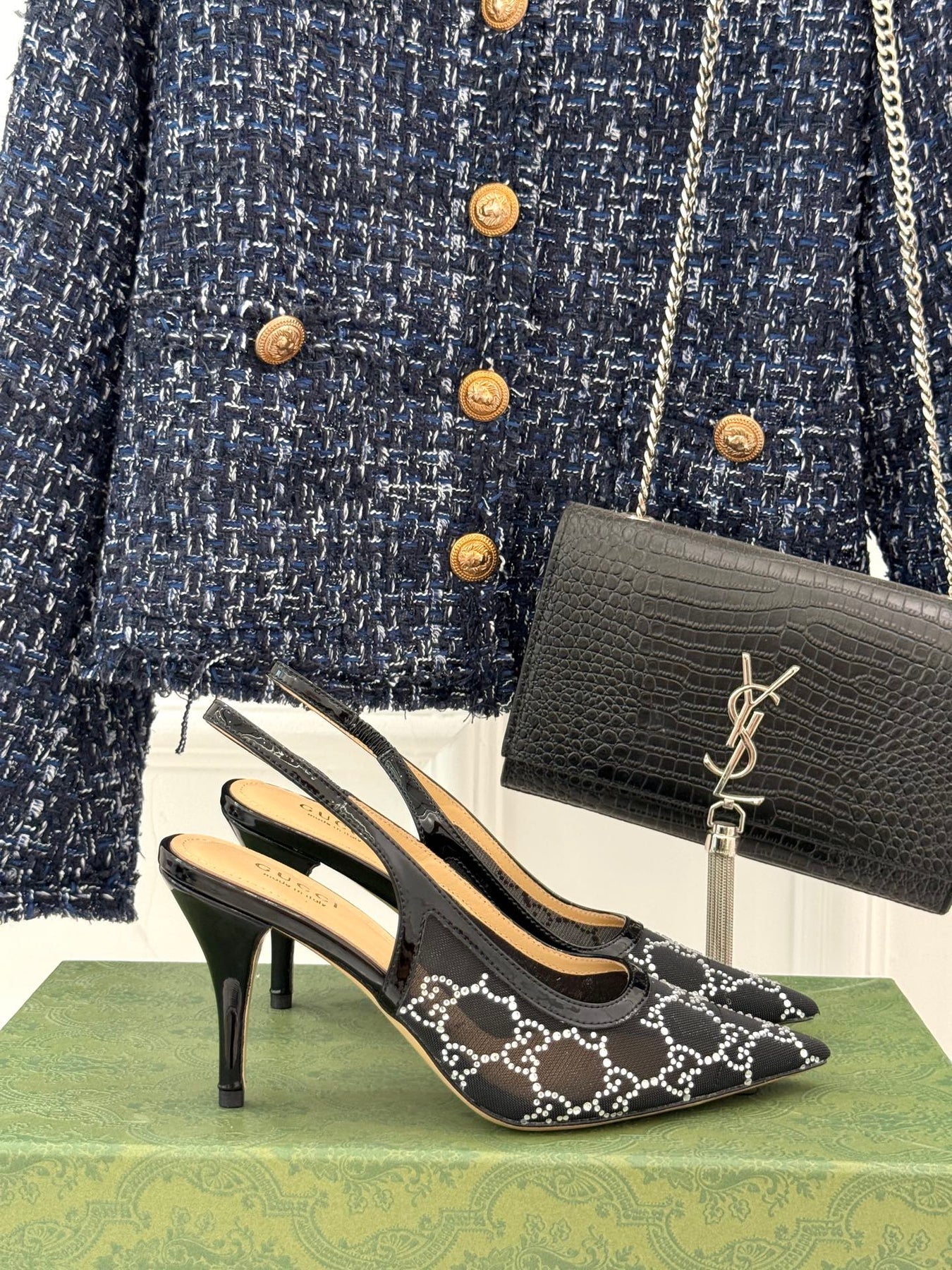 GG HIGH SLINGBACK 8.5 CM IN BLACK CLASSIC POINTED-TOE MESH WITH RHINESTONE EMBELLISHMENTS