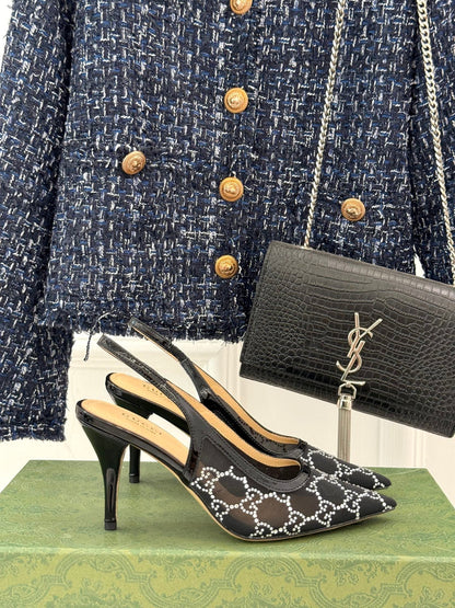 GG HIGH SLINGBACK 8.5 CM IN BLACK CLASSIC POINTED-TOE MESH WITH RHINESTONE EMBELLISHMENTS