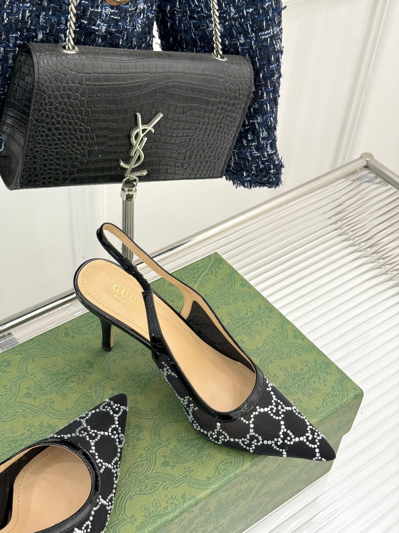 GG HIGH SLINGBACK 8.5 CM IN BLACK CLASSIC POINTED-TOE MESH WITH RHINESTONE EMBELLISHMENTS