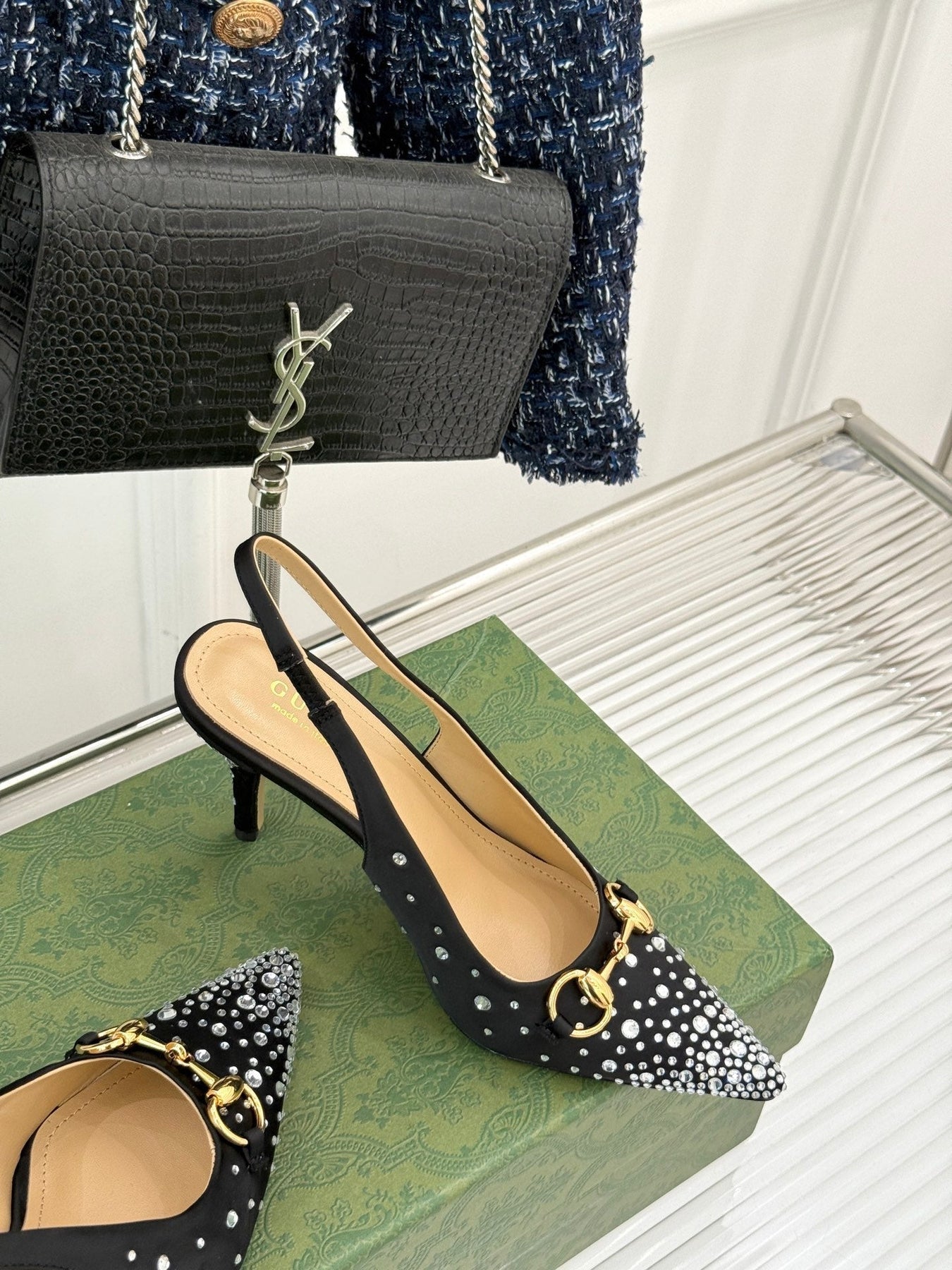 HIGH SLINGBACK 8.5 CM IN BLACK FABRIC WITH RHINESTONE EMBELLISHMENTS