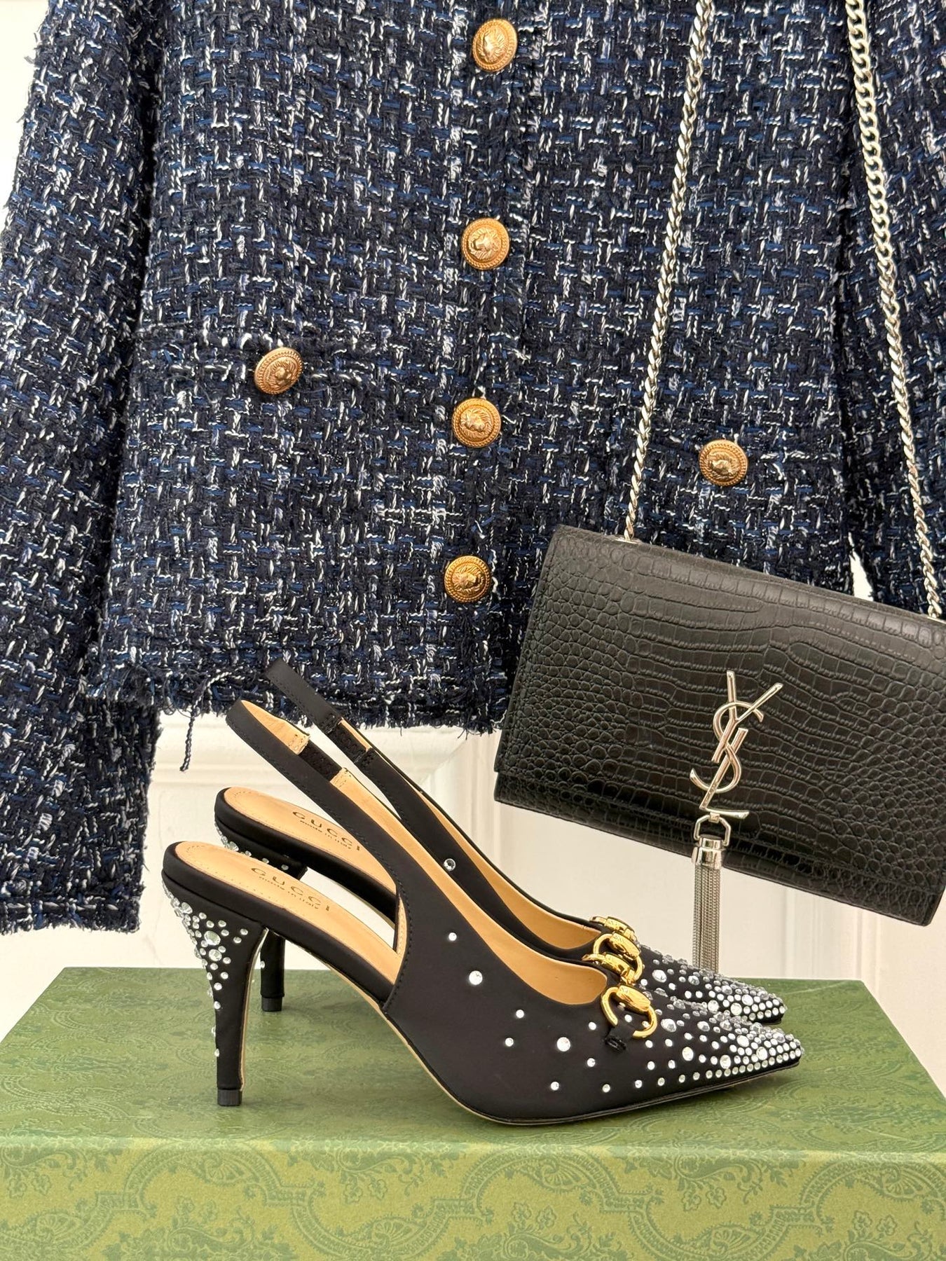 HIGH SLINGBACK 8.5 CM IN BLACK FABRIC WITH RHINESTONE EMBELLISHMENTS