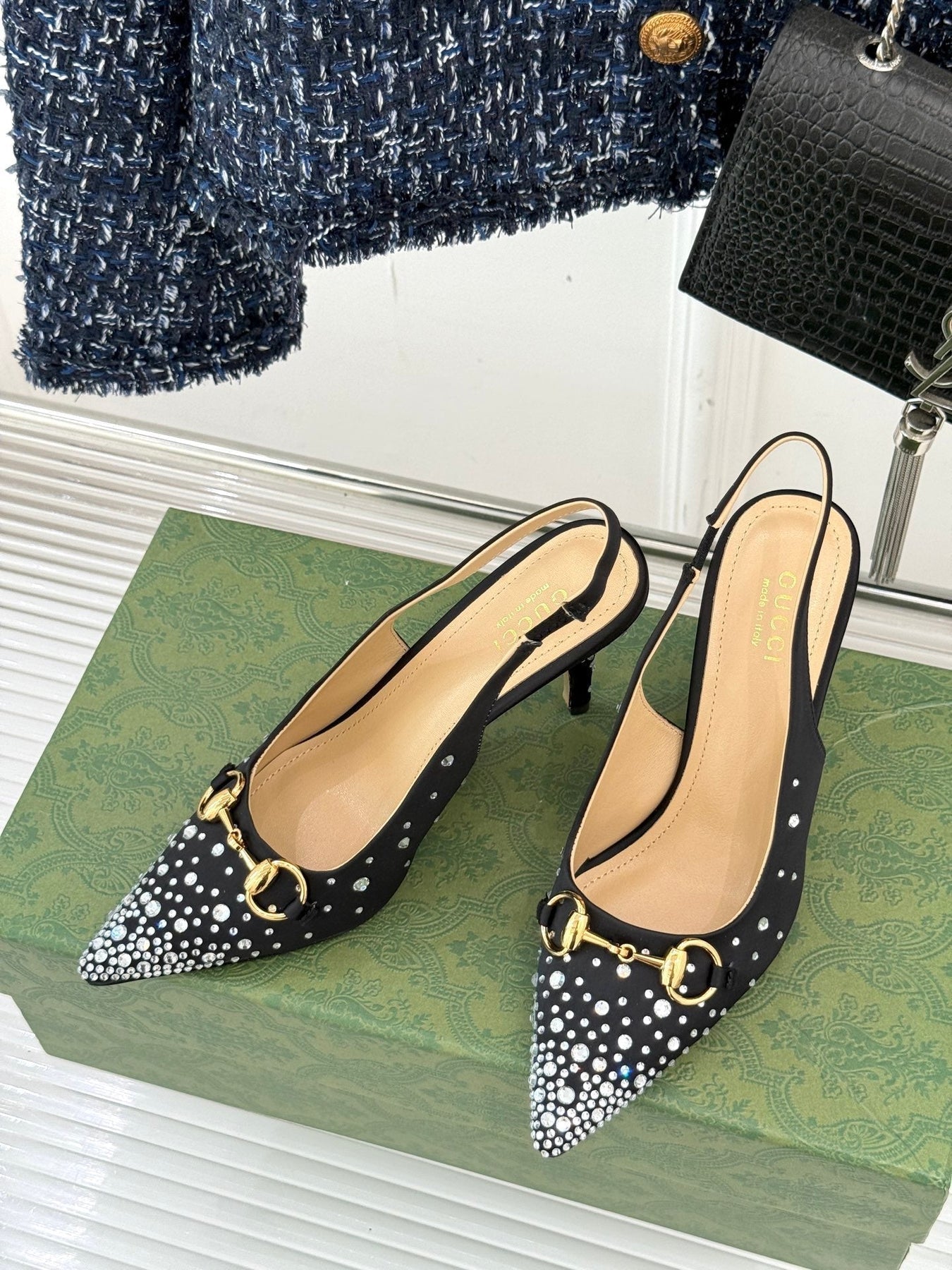 HIGH SLINGBACK 8.5 CM IN BLACK FABRIC WITH RHINESTONE EMBELLISHMENTS