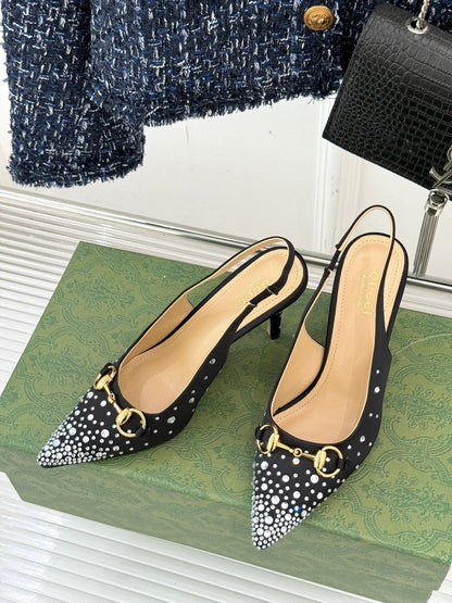 HIGH SLINGBACK 8.5 CM IN BLACK FABRIC WITH RHINESTONE EMBELLISHMENTS