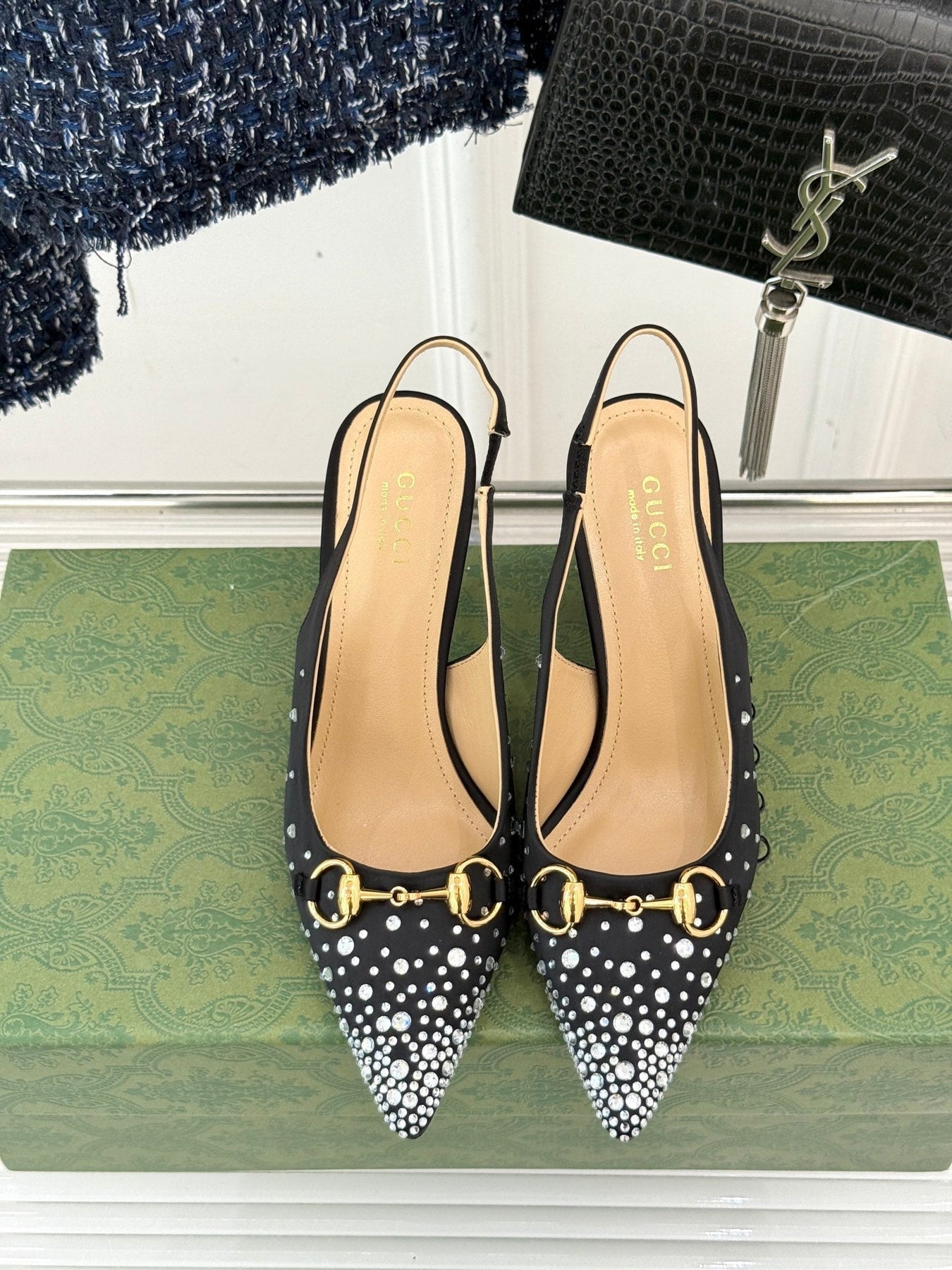 HIGH SLINGBACK 8.5 CM IN BLACK FABRIC WITH RHINESTONE EMBELLISHMENTS