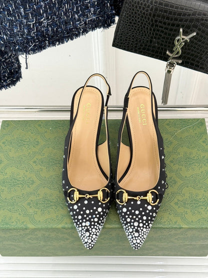 HIGH SLINGBACK 8.5 CM IN BLACK FABRIC WITH RHINESTONE EMBELLISHMENTS