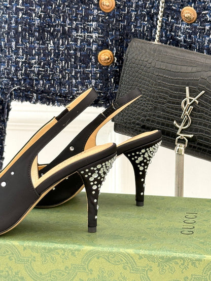 HIGH SLINGBACK 8.5 CM IN BLACK FABRIC WITH RHINESTONE EMBELLISHMENTS