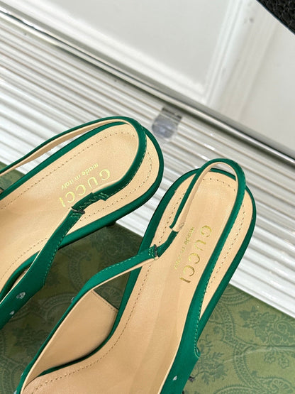 HIGH SLINGBACK 8.5 CM IN GREEN FABRIC WITH RHINESTONE EMBELLISHMENTS