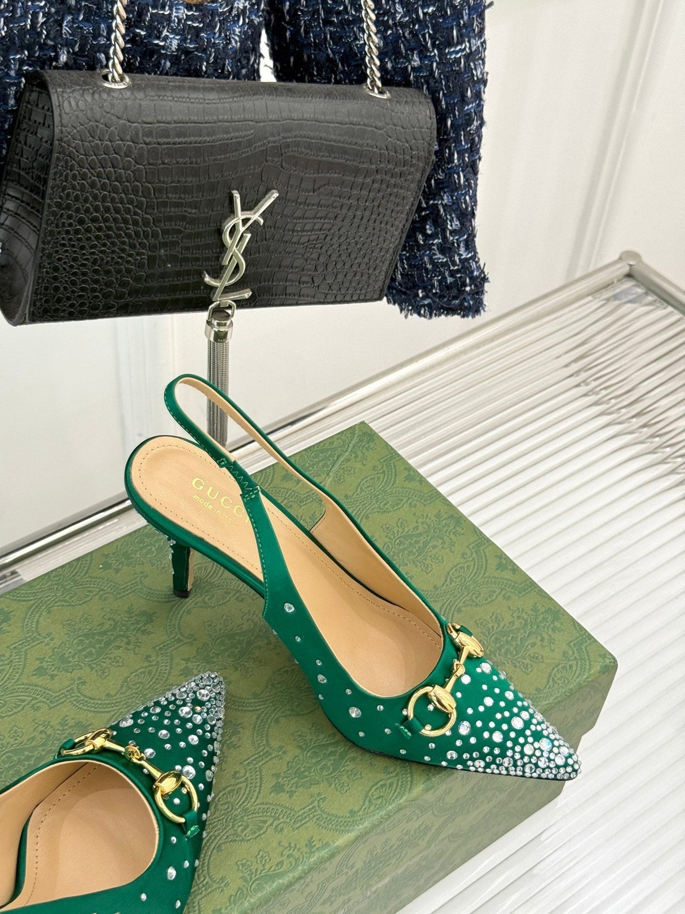 HIGH SLINGBACK 8.5 CM IN GREEN FABRIC WITH RHINESTONE EMBELLISHMENTS