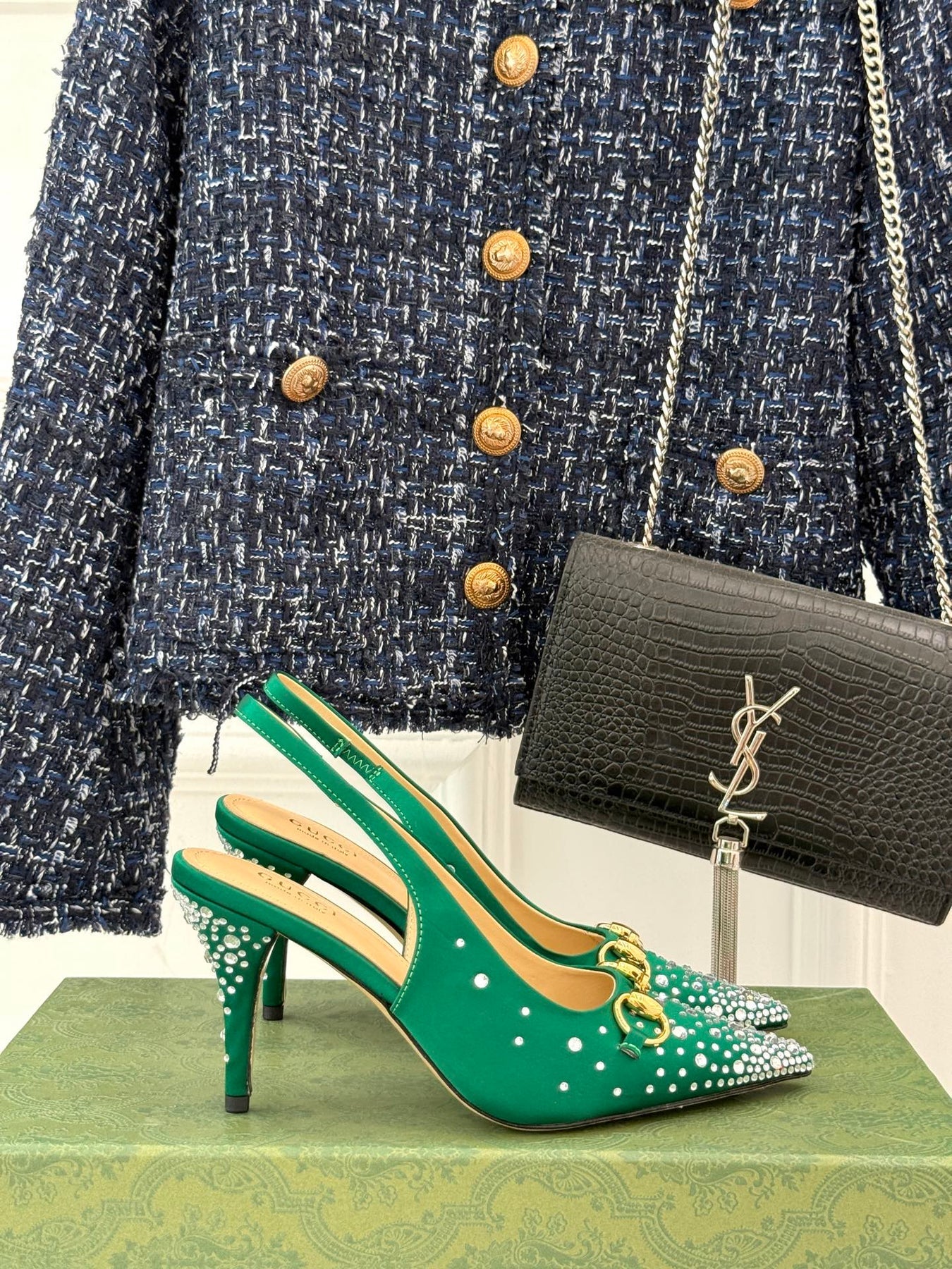 HIGH SLINGBACK 8.5 CM IN GREEN FABRIC WITH RHINESTONE EMBELLISHMENTS