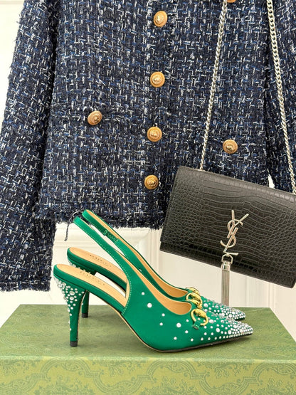 HIGH SLINGBACK 8.5 CM IN GREEN FABRIC WITH RHINESTONE EMBELLISHMENTS