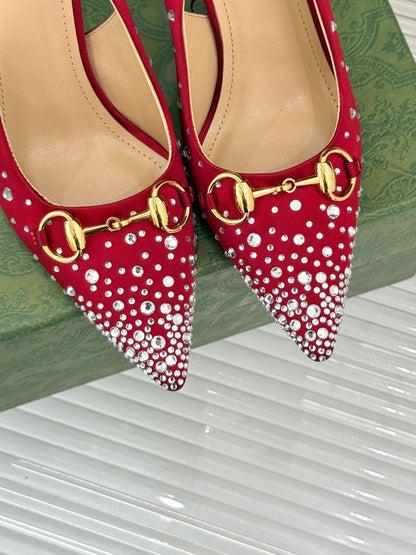 HIGH SLINGBACK 8.5 CM IN RED FABRIC WITH RHINESTONE EMBELLISHMENTS