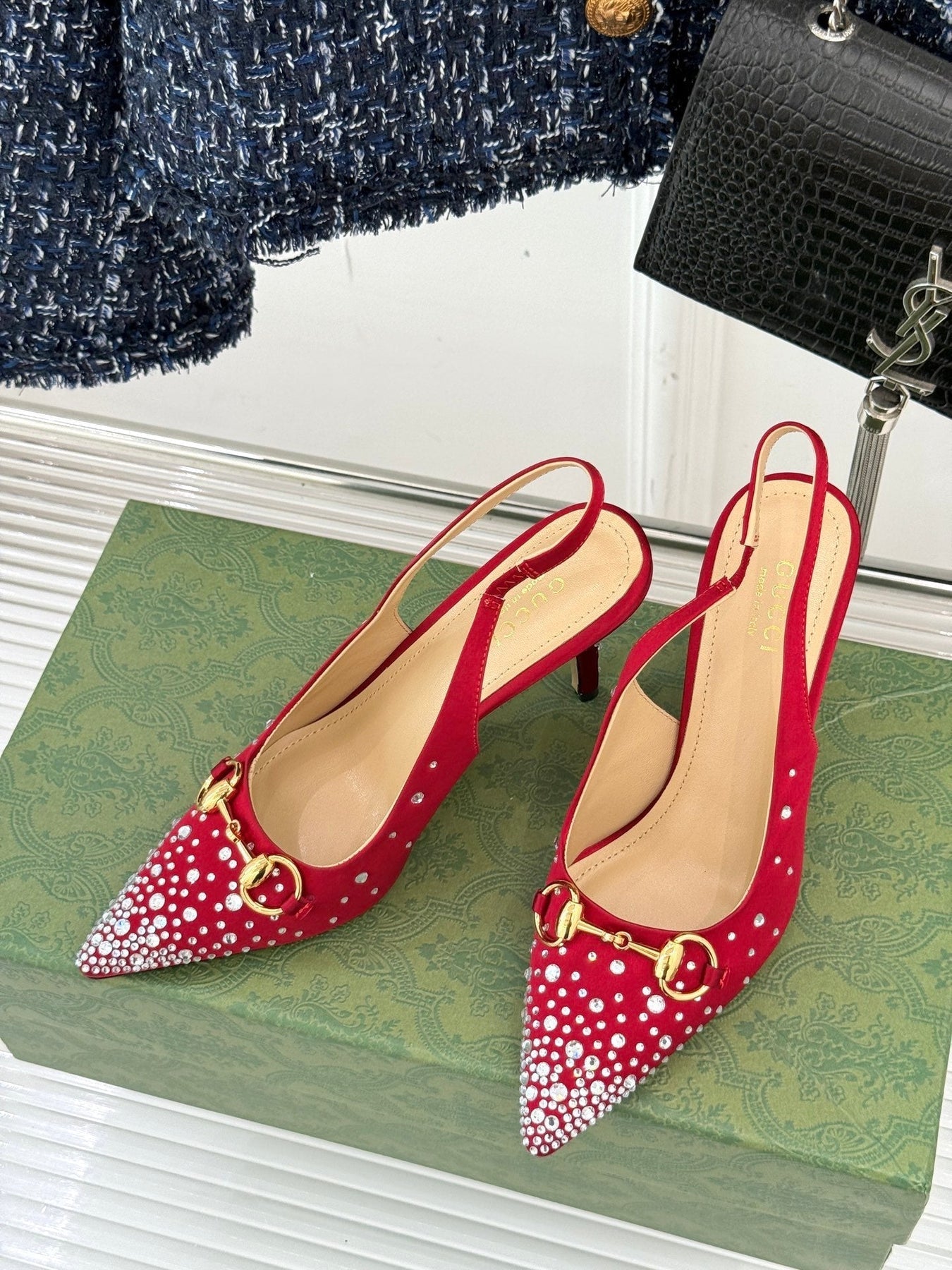 HIGH SLINGBACK 8.5 CM IN RED FABRIC WITH RHINESTONE EMBELLISHMENTS