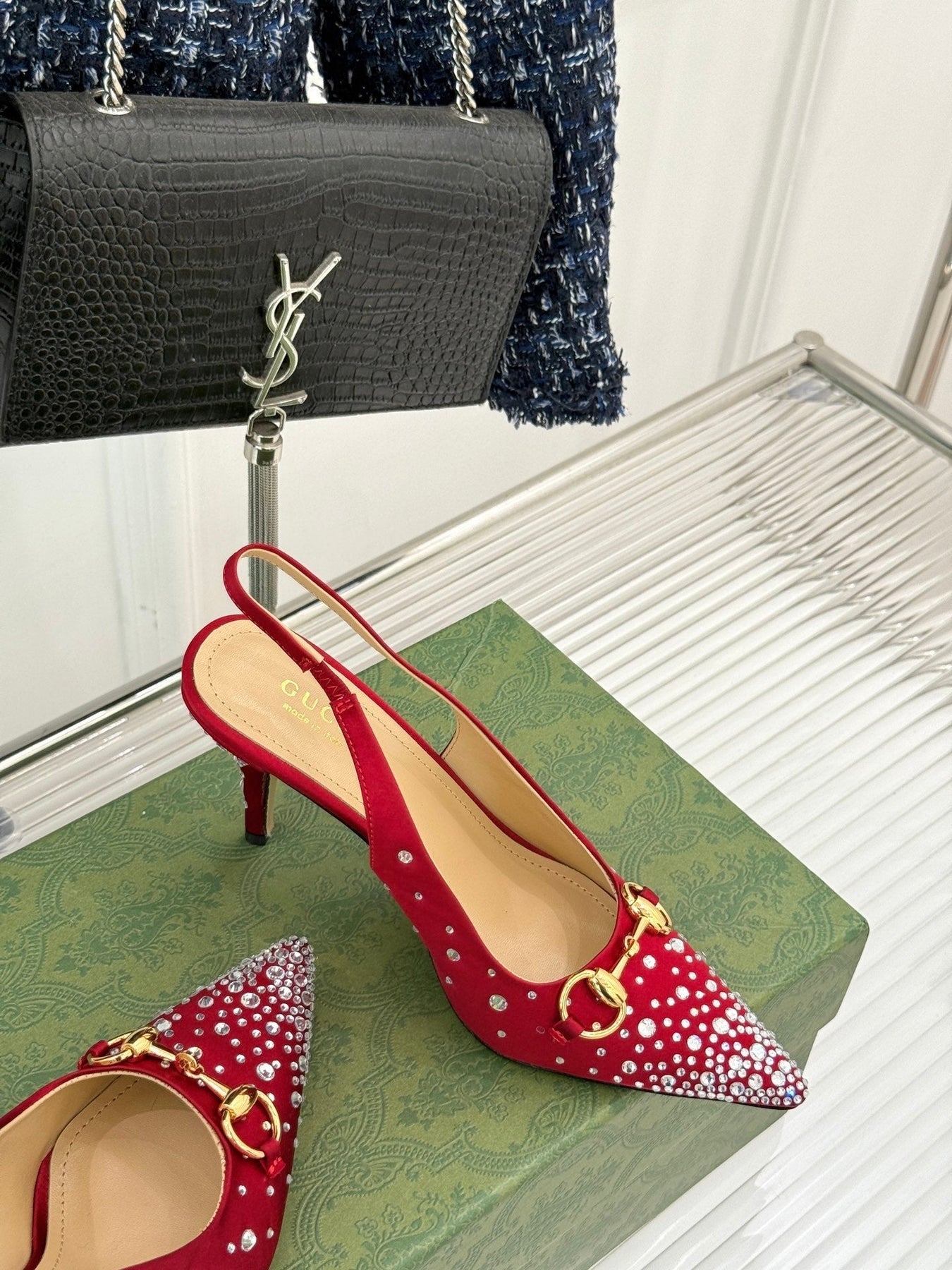 HIGH SLINGBACK 8.5 CM IN RED FABRIC WITH RHINESTONE EMBELLISHMENTS