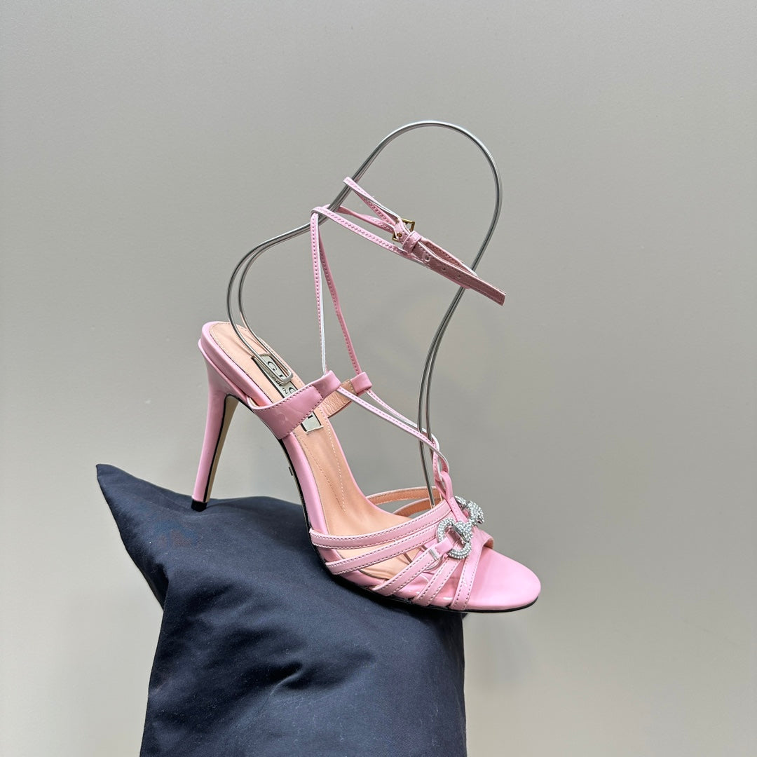 CRYSTAL HORSEBIT STRAPPY SANDAL 10.5CM IN LIGHT PINK PATENT LEATHER