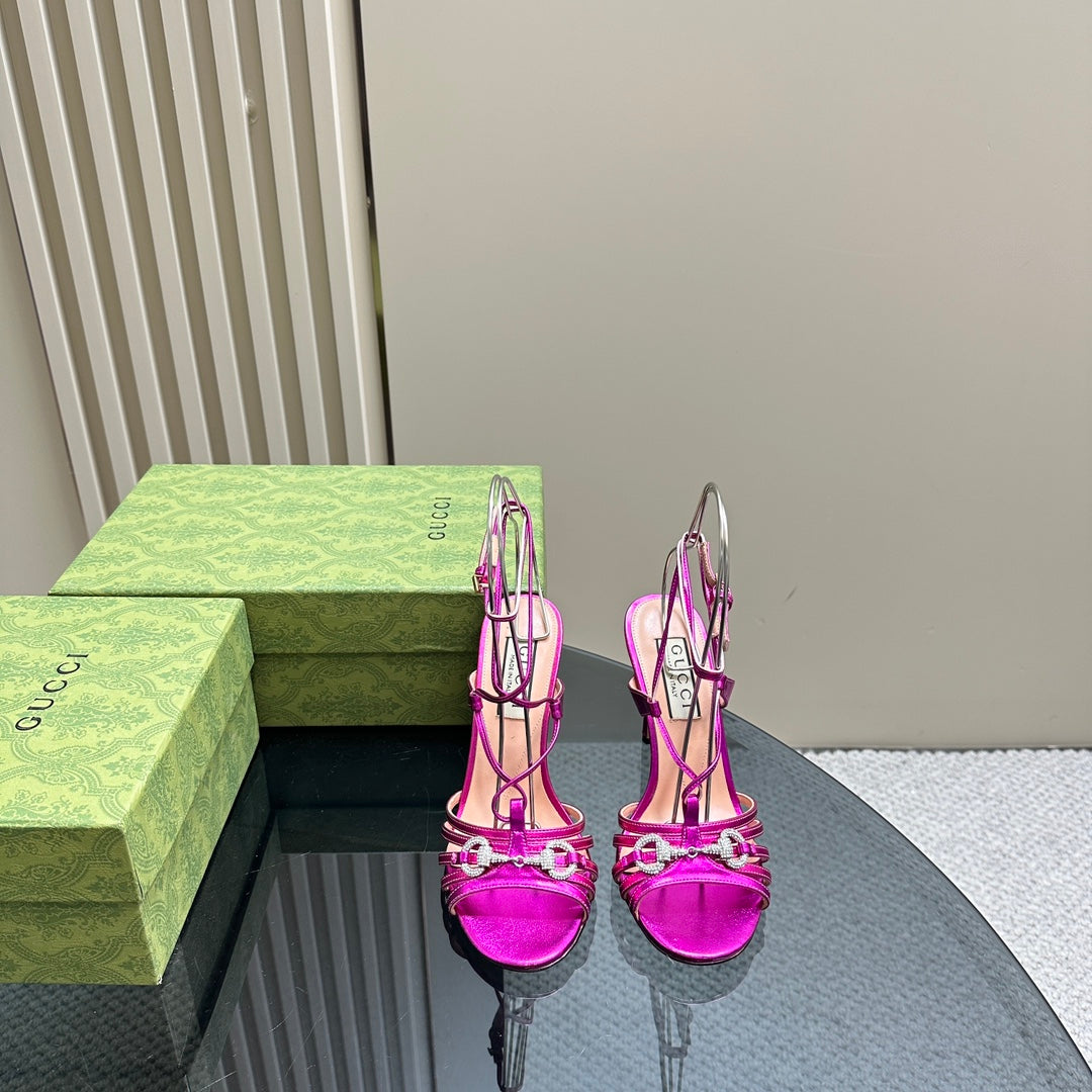 CRYSTAL HORSEBIT STRAPPY SANDAL 10.5CM IN HOT PINK PATENT LEATHER