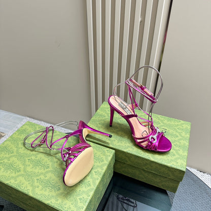 CRYSTAL HORSEBIT STRAPPY SANDAL 10.5CM IN HOT PINK PATENT LEATHER