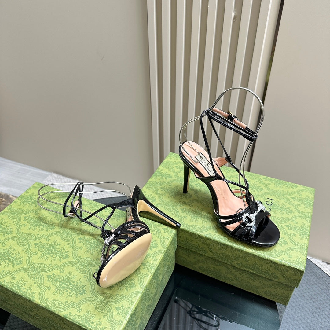 CRYSTAL HORSEBIT STRAPPY SANDAL 10.5CM IN BLACK PATENT LEATHER