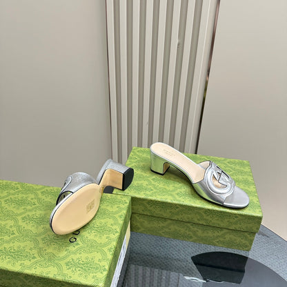 MID-HEEL 5 CM MULE IN SILVER CALFSKIN